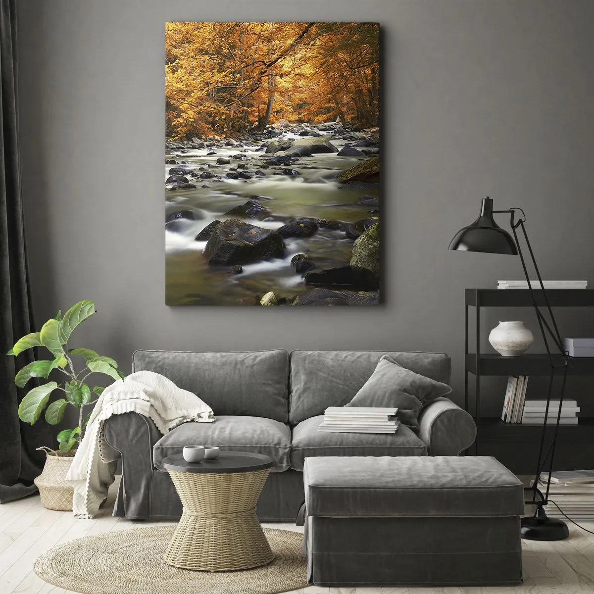 Schilderen op canvas - Een stroom in een gouden bos - 65x120 cm