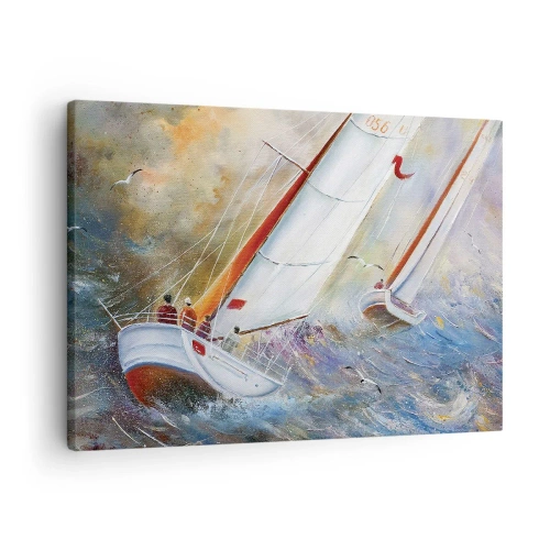 Schilderen op canvas - Zeilboten op ruwe golven in een dynamische compositie - 70x50cm - Lopend op de golven  - Moderne wanddecoratie voor woonkamer en slaapkamer ARTTOR