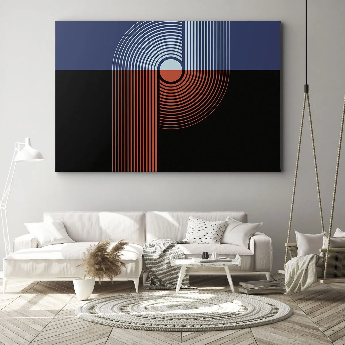 Schilderen op canvas - Geometrische abstractie met lijnen in marineblauw en oranje. - 70x50cm - In een geometrische omhelzing - Moderne wanddecoratie voor woonkamer en slaapkamer ARTTOR