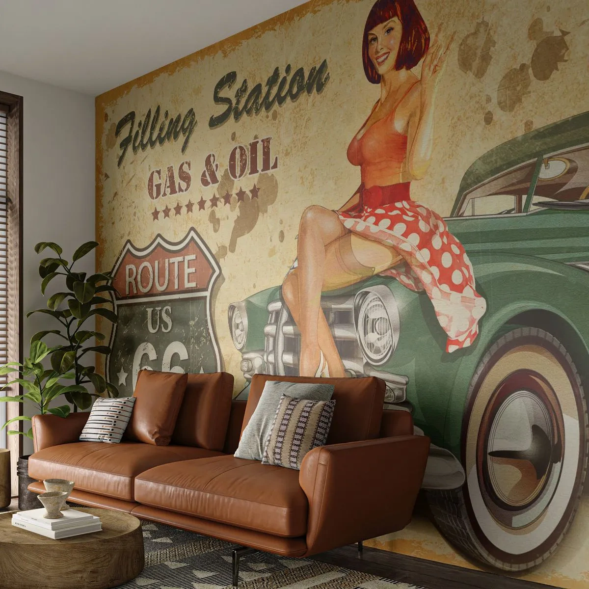 Fotobehang Premium Canvas - De grote jaren 40. - Route 66, Auto, Automobiel - 350x256 cm