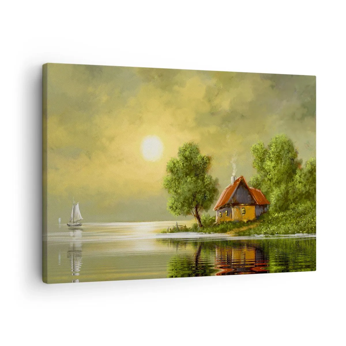 Schilderen op canvas - Huis aan het meer in het licht van de zonsondergang - 70x50cm - Mooi, als een foto - Moderne wanddecoratie voor woonkamer en slaapkamer ARTTOR