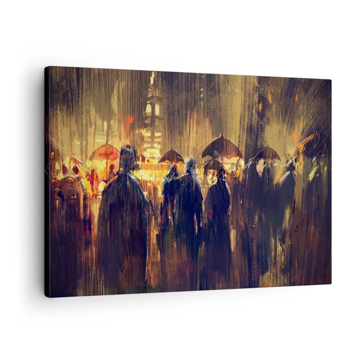 Schilderen op canvas - Figuren met paraplu's in een regenachtige stad 's nachts - 70x50cm - Volgelingen van de regen - Moderne wanddecoratie voor woonkamer en slaapkamer ARTTOR
