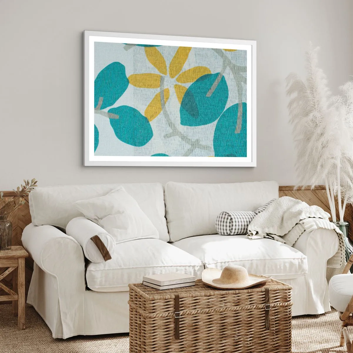 Poster in een witte lijst - Tussen de azuurblauwe bladeren - 91x61 cm