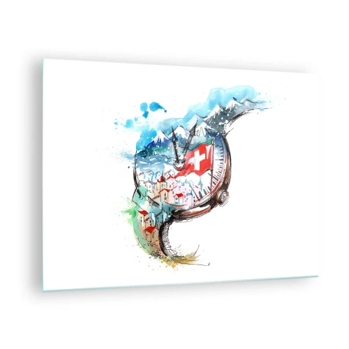Schilderen op glas - Aquarel van een Zwitsers landschap met een vlag en een horloge - 70x50cm - De geest van Zwitserland - Moderne wanddecoratie voor woonkamer en slaapkamer ARTTOR