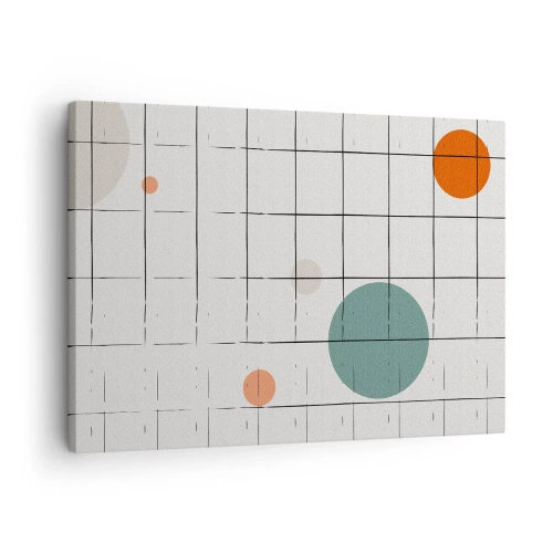 Schilderen op canvas - Abstracte gekleurde cirkels op een geometrische rasterachtergrond - 70x50cm - Gevangen. Wij of zij? - Moderne wanddecoratie voor woonkamer en slaapkamer ARTTOR