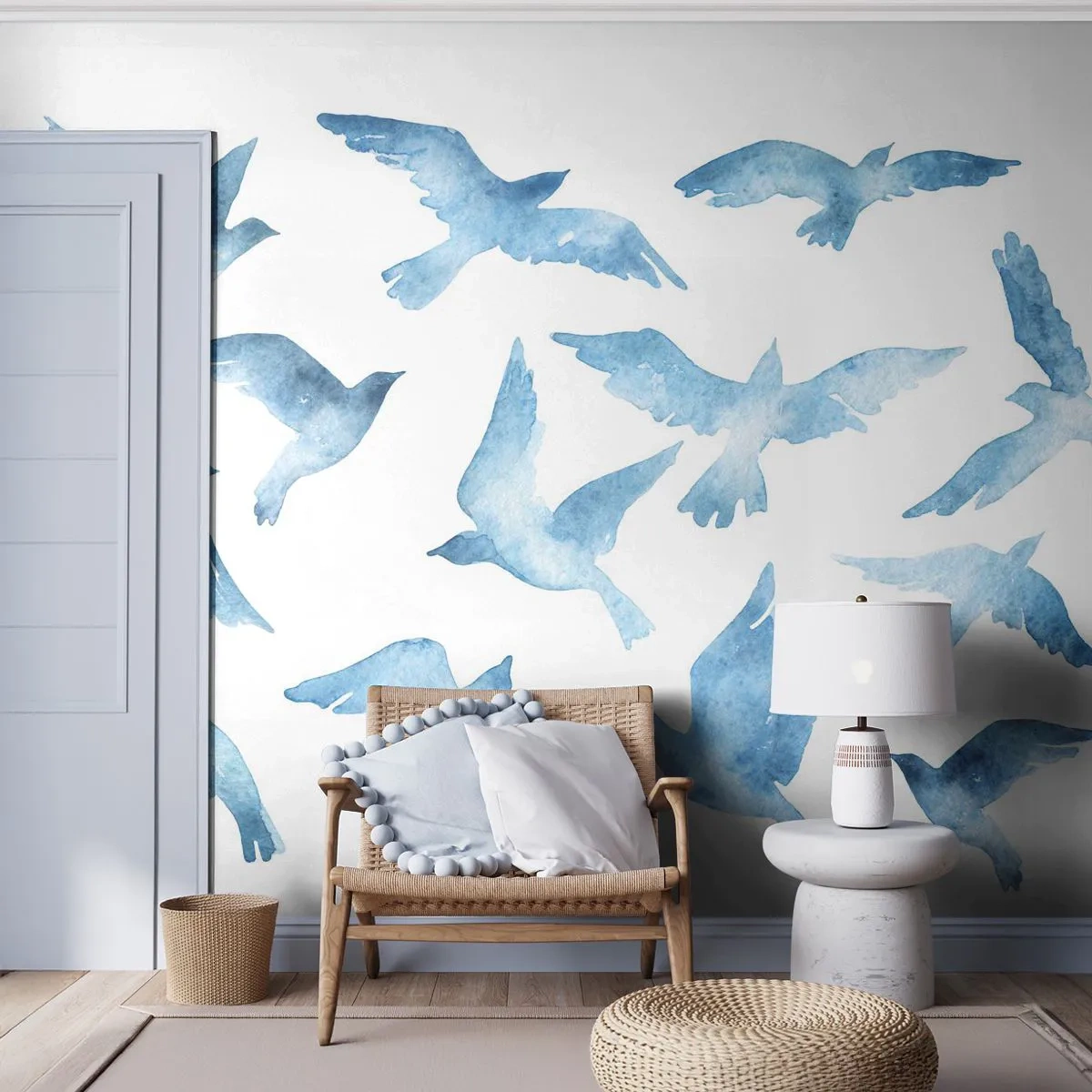 Fotobehang Premium Canvas - Blauwe vogels - Abstractie, Vogel, Grafisch - 300x210 cm