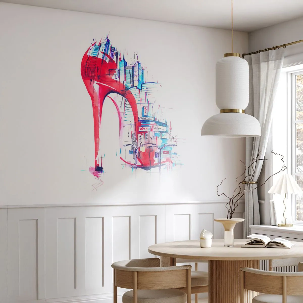 Zelfklevend Fotobehang Deluxe Sticker - Een elegante vrouw uit de grote stad - Abstractie, Architectuur, Damesschoenen - 250x175 cm