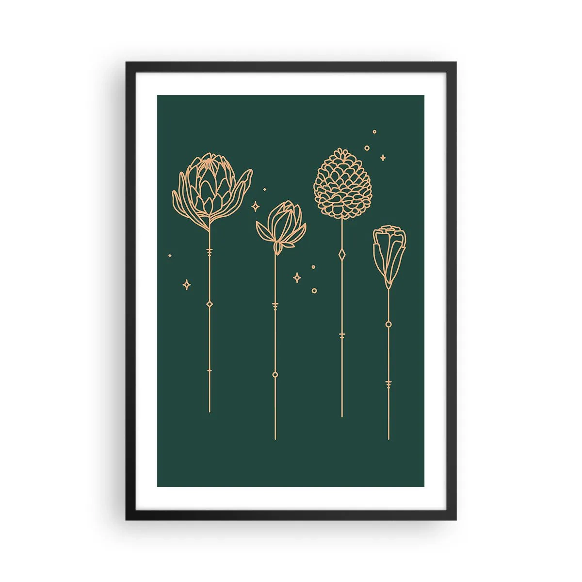 Poster in een zwarte lijst - Gouden contouren van bloemen op een donkergroene achtergrond - 50x70cm - Kruidenfamiie / Familie Ziółkowsi ?? - Moderne wanddecoratie voor woonkamer en slaapkamer ARTTOR