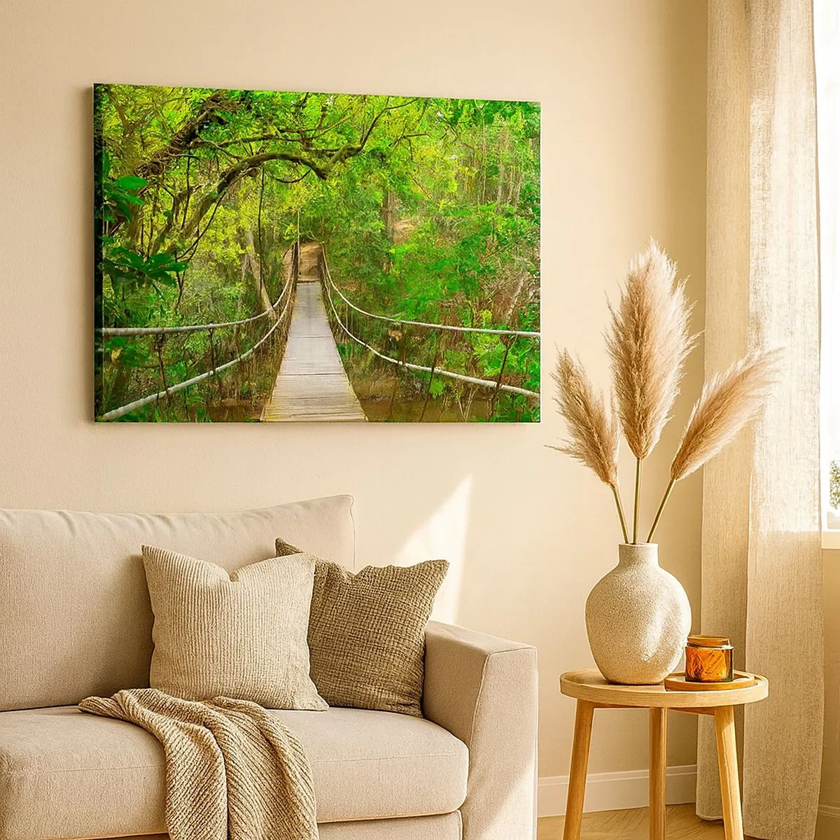 Schilderen op canvas - Een hangbrug omgeven door een groen regenwoud - 70x50cm - Want er staat een klimplant in de tuin - Moderne wanddecoratie voor woonkamer en slaapkamer ARTTOR