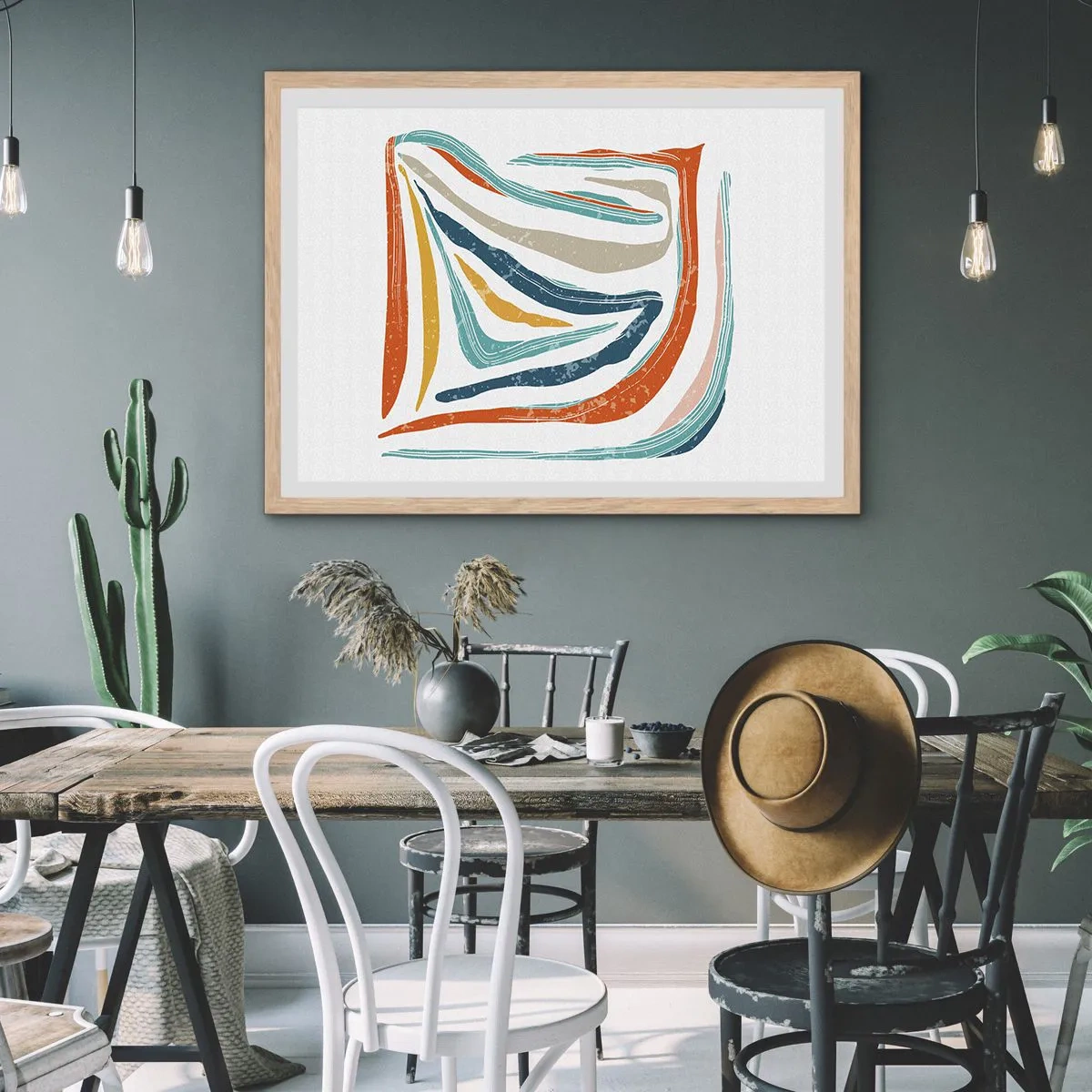 Een poster in een licht eiken lijst - Abstractie met een vriendelijke glimlach - 100x70 cm