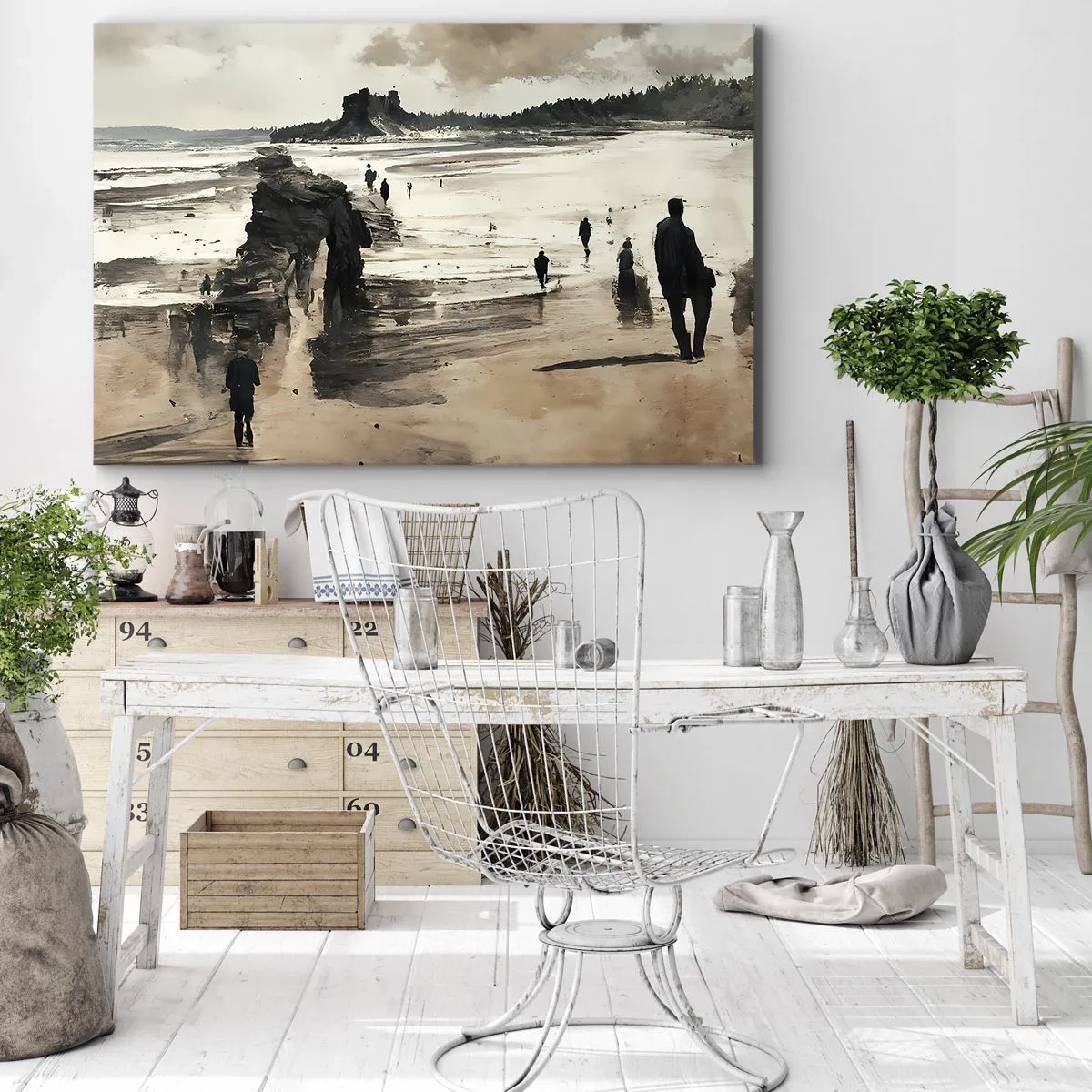 Schilderen op canvas - Strandwandelaars in een vredig landschap - 70x50cm - Opgeroepen - Moderne wanddecoratie voor woonkamer en slaapkamer ARTTOR