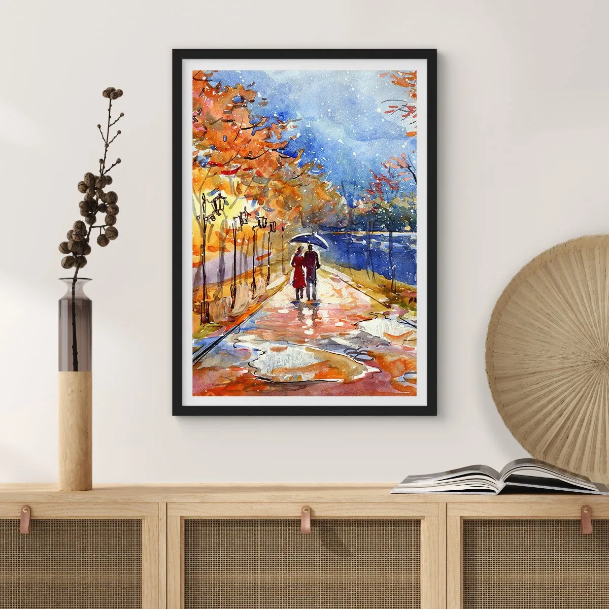 Poster in een zwarte lijst - Een wandeling in de regen tussen de herfstkleuren - 50x70cm - Samen tot de grens van de tijd - Moderne wanddecoratie voor woonkamer en slaapkamer ARTTOR