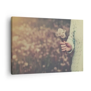 Schilderen op canvas - Een hand die paardenbloemen vasthoudt tegen een onscherpe achtergrond van een veld vol bloemen. - 70x50cm - Bewaar ze alsjeblieft - Moderne wanddecoratie voor woonkamer en slaapkamer ARTTOR