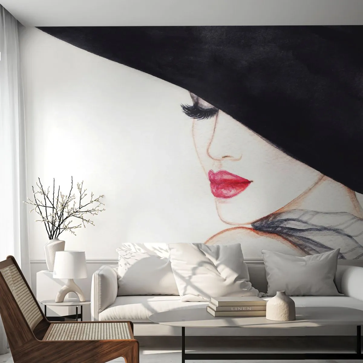 Fotobehang Premium Canvas - Elegantie en sensualiteit - Vrouw, rode lippen, Zwarte hoed - 250x175 cm