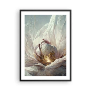 Poster in een zwarte lijst - Een subtiele abstractie met een bloemenmotief in delicate tinten wit en goud. - 50x70cm - Hij bloeit eens in de honderd jaar - Moderne wanddecoratie voor woonkamer en slaapkamer ARTTOR