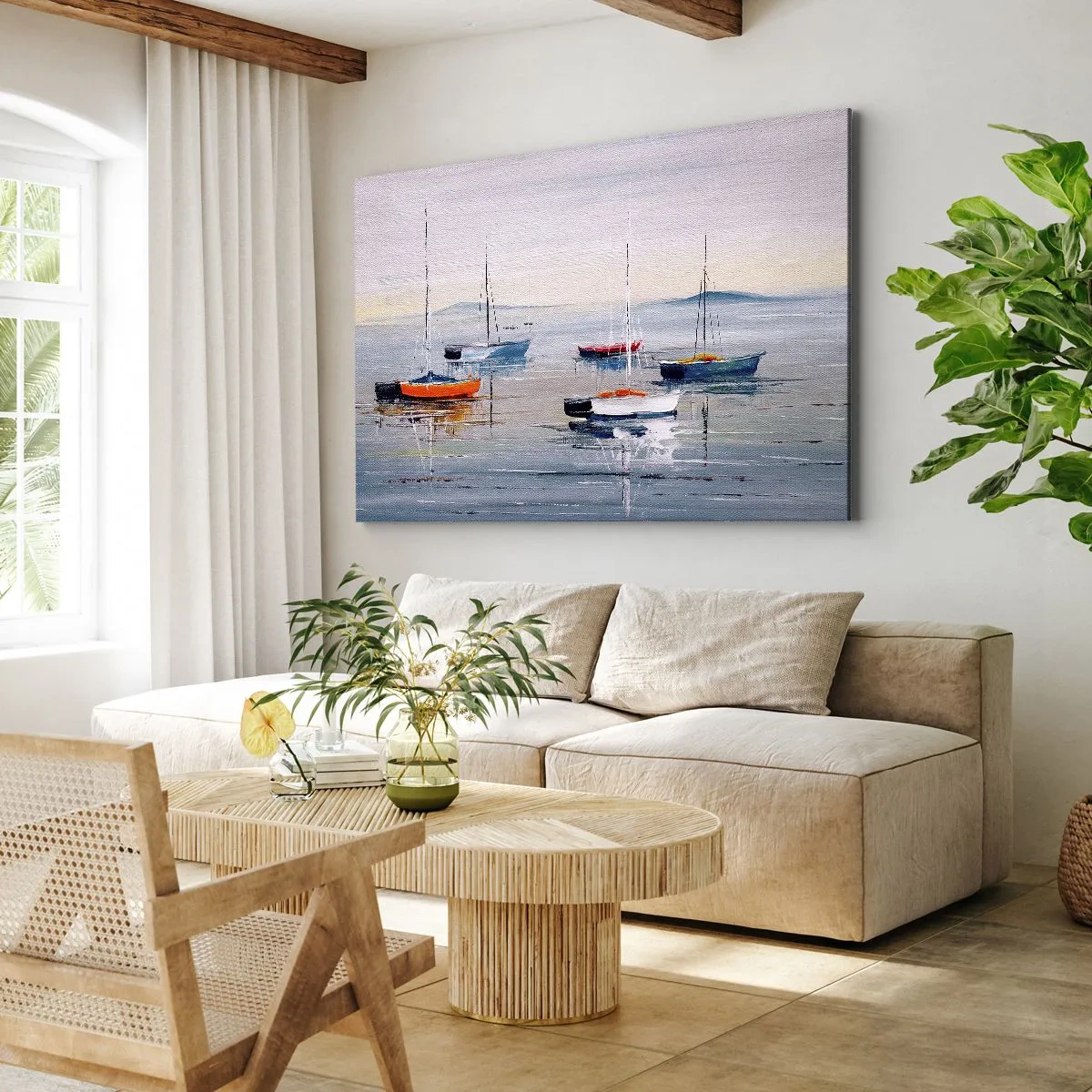 Schilderen op canvas - Kleurrijke boten op kalm water - 70x50cm - Een welverdiende rust - Moderne wanddecoratie voor woonkamer en slaapkamer ARTTOR