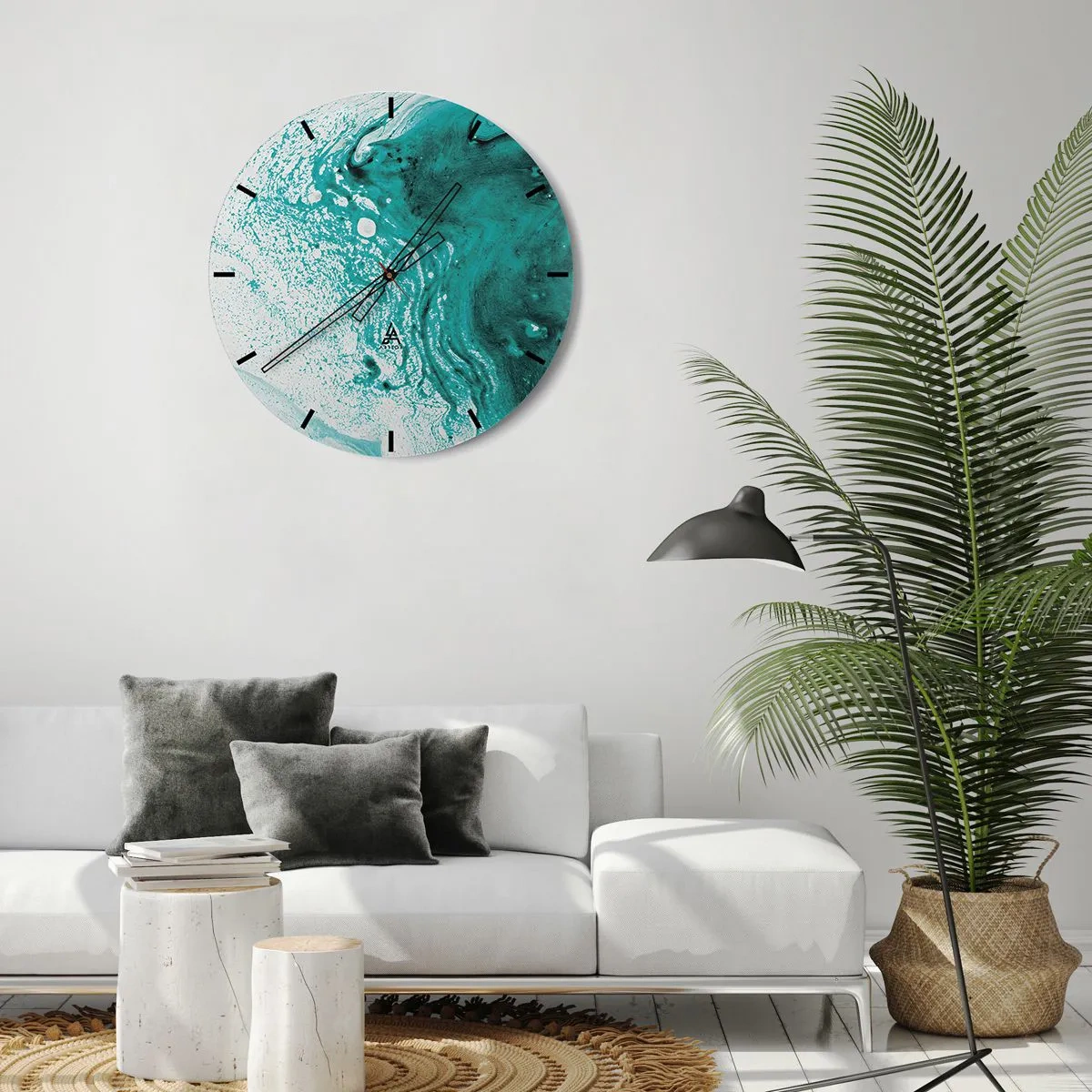 Wandklok - Klok - Turquoise en witte vloeiende golven in vloeiende kunststijl - 30x30cm - Versmelten in wit en turkoois - Moderne wanddecoratie voor woonkamer, keuken en slaapkamer ARTTOR