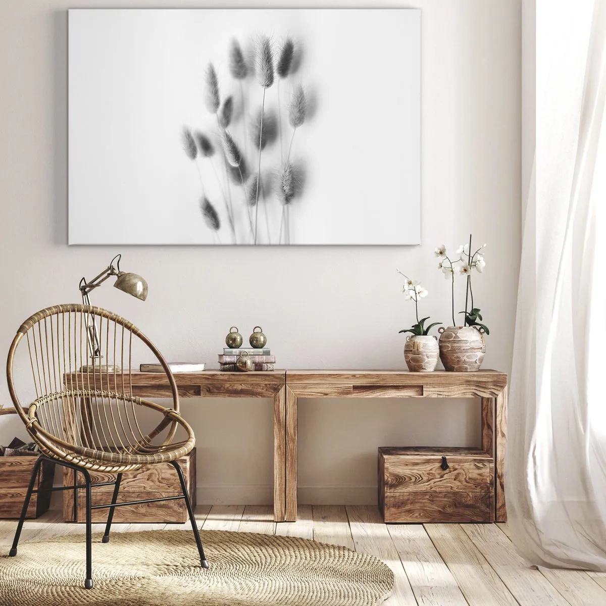 Schilderen op canvas - Fijne grassen in grijstinten op een witte achtergrond - 70x50cm - Haar luchtigheid gras - Moderne wanddecoratie voor woonkamer en slaapkamer ARTTOR