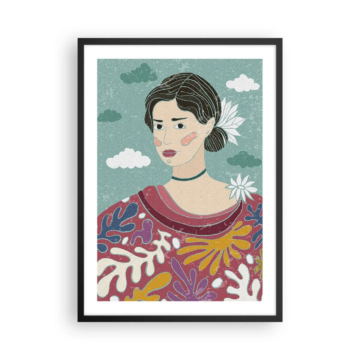 Poster in een zwarte lijst - Portret van een vrouw in een kleurrijke, gestileerde jurk tegen een achtergrond van wolken. - 50x70cm - Met melancholie in de ogen - Moderne wanddecoratie voor woonkamer en slaapkamer ARTTOR