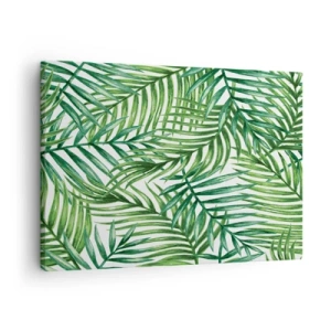 Schilderen op canvas - Groene tropische palmbladeren op een lichte achtergrond - 70x50cm - Onder de groene luifel - Moderne wanddecoratie voor woonkamer en slaapkamer ARTTOR