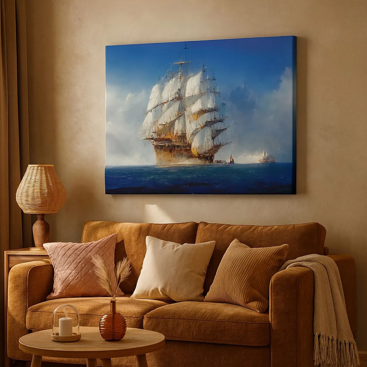 Schilderen op canvas - Een zeilschip op open zee onder een blauwe lucht - 70x50cm - The great glory! - Moderne wanddecoratie voor woonkamer en slaapkamer ARTTOR