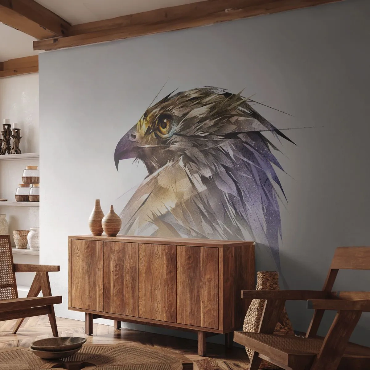 Fotobehang Standard Eco - Portret van een krijger - Abstractie, Adelaar, Vogel - 450x315 cm