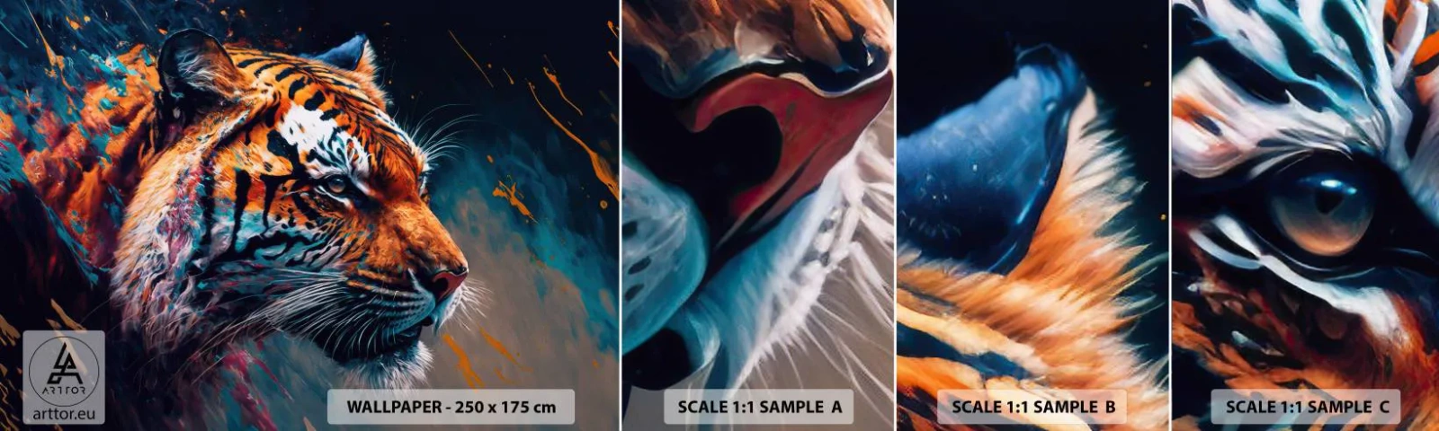 Fotobehang Monster Zelfklevend Deluxe Sticker - Wilde schoonheid - Tijger, Kleurrijk, Dier - 100x30 cm