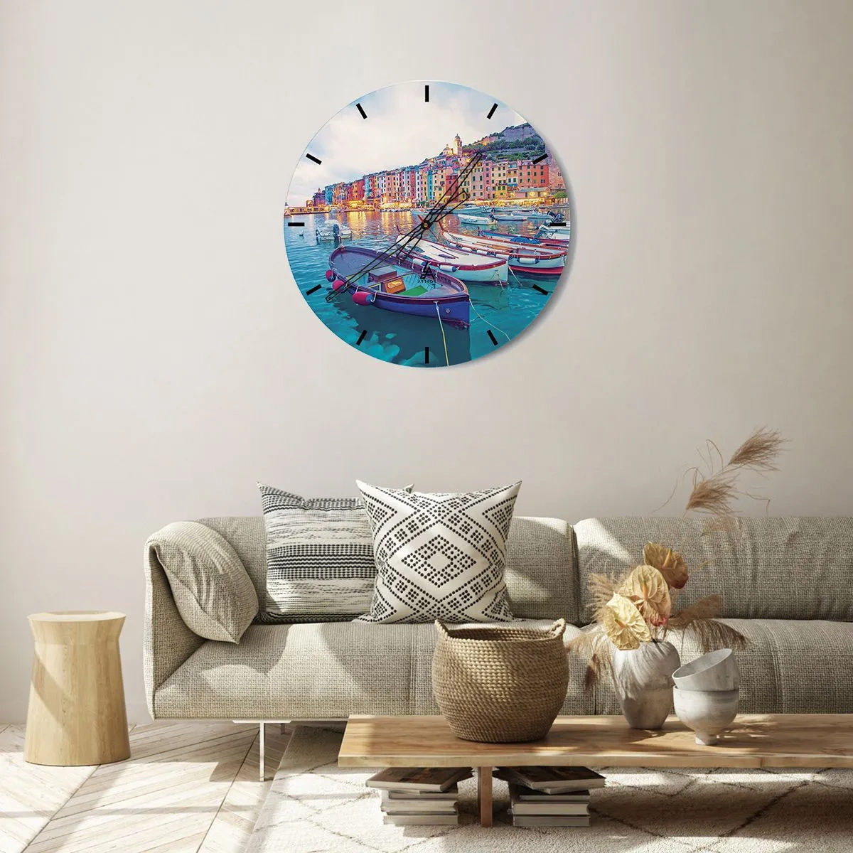 Wandklok - Klok - Kleurrijke avond in de haven - 30x30 cm