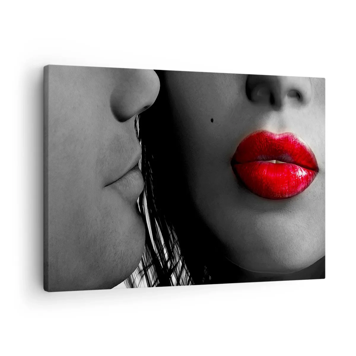 Schilderen op canvas - Close-up van de gezichten van een vrouw en een man met rode lippen. - 70x50cm - Oog in oog - Moderne wanddecoratie voor woonkamer en slaapkamer ARTTOR