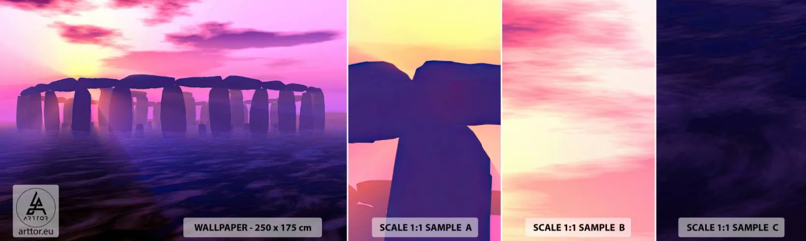 Fotobehang Staaltje Standard Eco - Mysterie bij zonsopgang in de mist - Architectuur, Steenhenge, Steencirkels - 100x30 cm