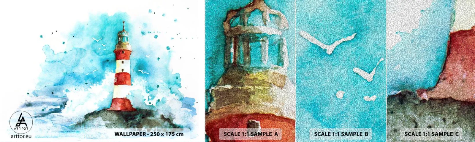 Fotobehang Monster Premium Sand - Eenheid van de elementen - Vuurtoren, Landschap, Grafisch - 100x30 cm