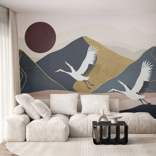 Fotobehang Premium Sand - Het is weer een dag GEGAAN - Abstractie, Kranen, Bergen - 450x315 cm