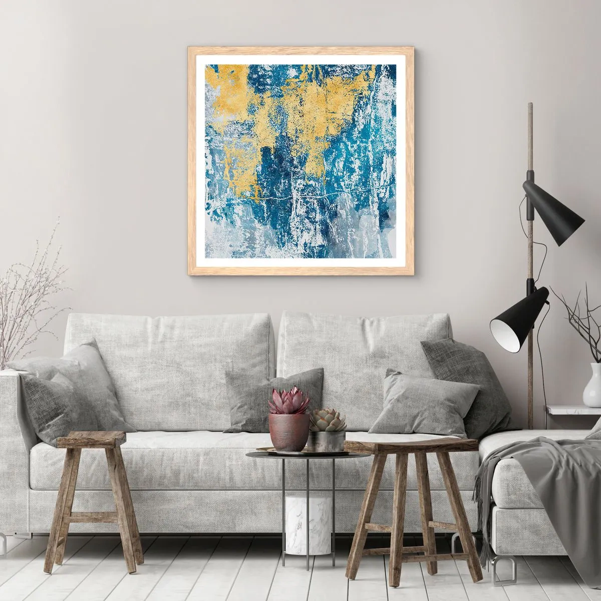 Een poster in een licht eiken lijst - Abstractie vol met weer - 30x30 cm
