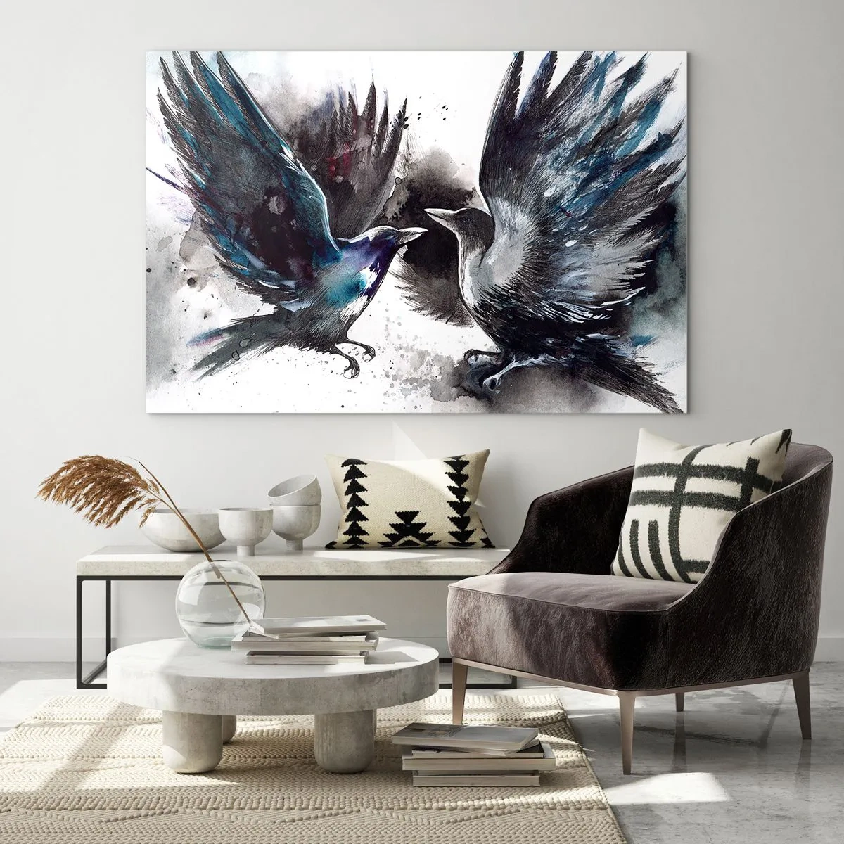 Schilderen op glas - Twee raven in een dynamische pose met gespreide vleugels - 70x50cm - De ene kraai pikt de andere de ogen niet uit - Moderne wanddecoratie voor woonkamer en slaapkamer ARTTOR