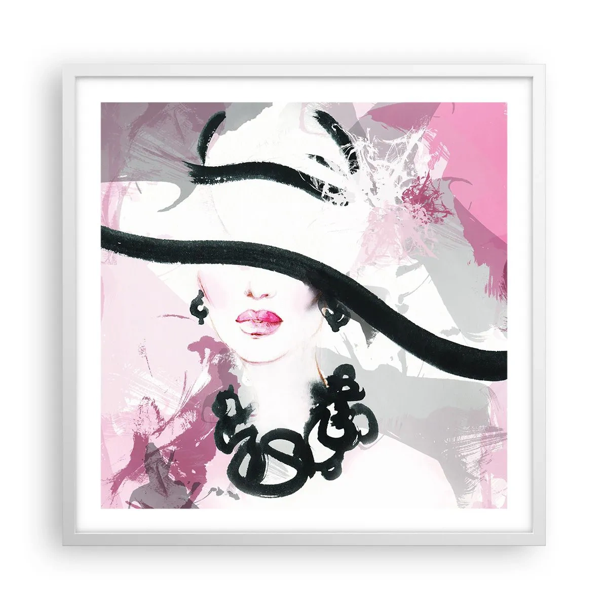 Poster in een witte lijst - Portret van een dame in zwart en roze - 60x60 cm