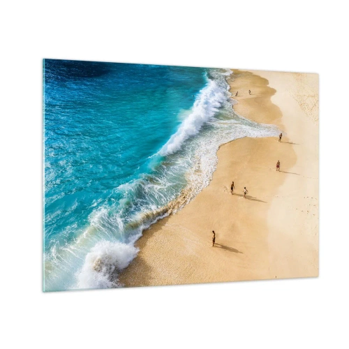 Schilderen op glas - Een goudkleurig strand met turquoise water en mensen die langs de kust lopen - 70x50cm - En dan de zon, het strand… - Moderne wanddecoratie voor woonkamer en slaapkamer ARTTOR