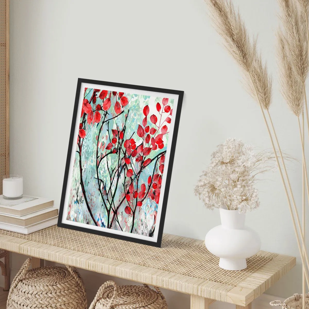 Poster in een zwarte lijst - Rode bladeren op een abstracte textuurachtergrond - 50x70cm - Boom in scharlaken - Moderne wanddecoratie voor woonkamer en slaapkamer ARTTOR