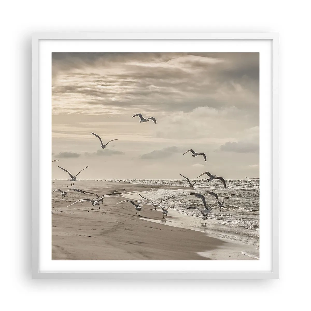 Poster in een witte lijst - Het geluid van de zee, het zingen van vogels - 60x60 cm