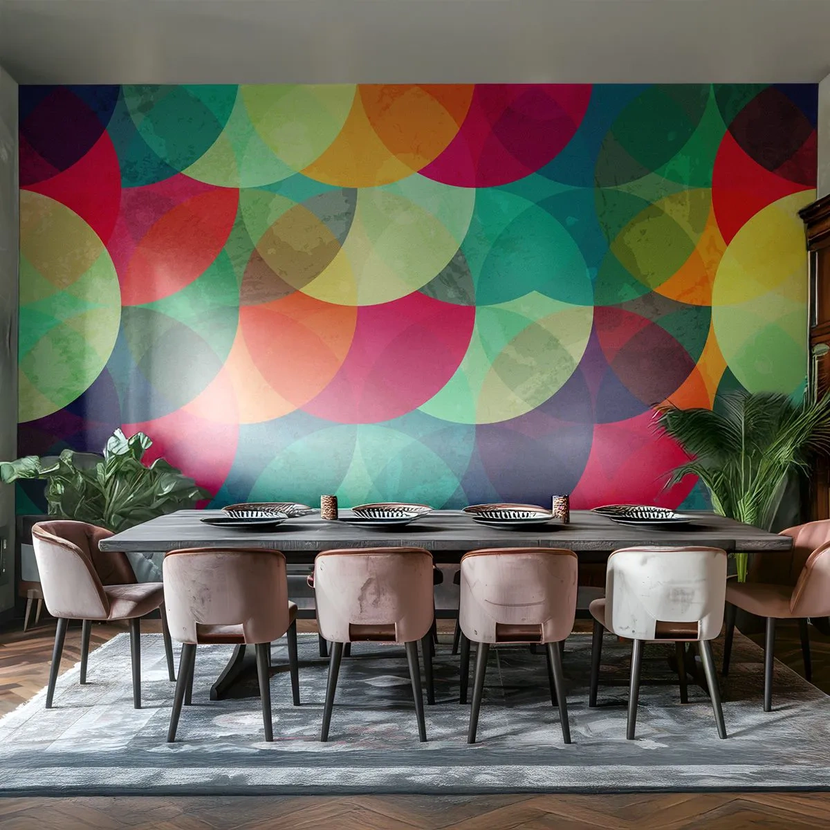 Fotobehang Standard Eco - Beklimming naar de regenboog - Abstractie, Deel, Kleurrijke cirkels - 400x280 cm