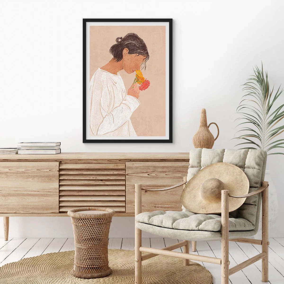 Poster in een zwarte lijst - Meisje en bloemen - 70x100 cm
