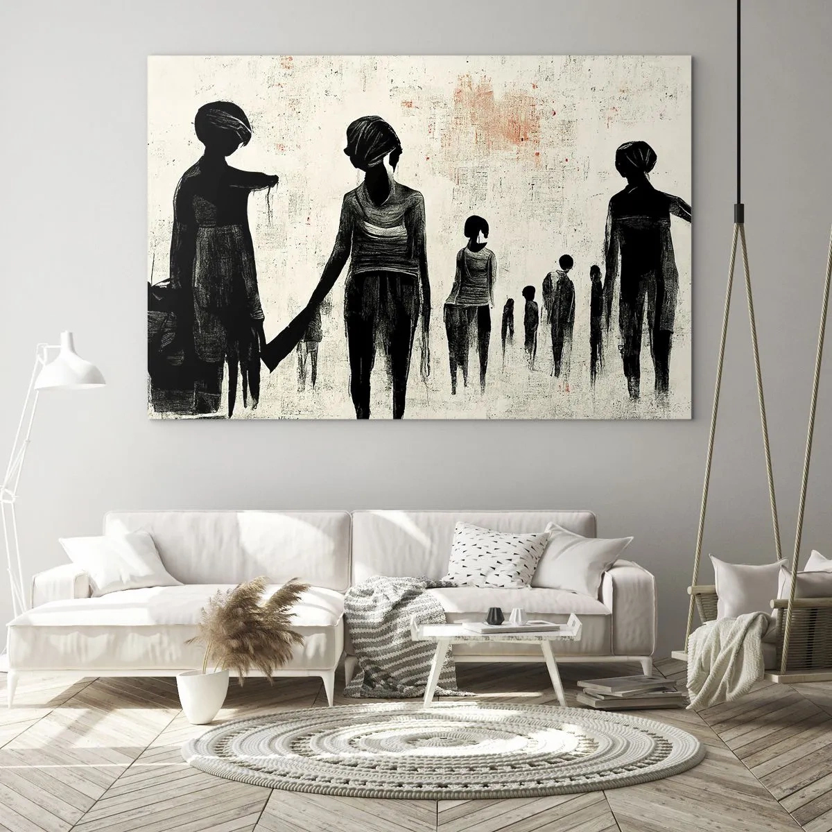 Schilderen op glas - Zwarte figuren in beweging op een lichte achtergrond met een rode textuur - 70x50cm - Tegen eenzaamheid - Moderne wanddecoratie voor woonkamer en slaapkamer ARTTOR