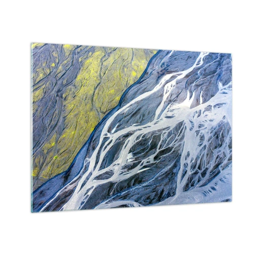 Schilderen op glas - Een vogelperspectief op het aardoppervlak met kronkelende stromen - 70x50cm - Rotstekeningen van de natuur - Moderne wanddecoratie voor woonkamer en slaapkamer ARTTOR