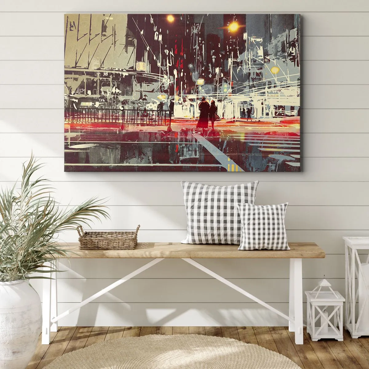 Schilderen op canvas - Stad bij nacht met neonlichten en silhouetten van mensen op straat - 70x50cm - Een grote stadsoversteek - Moderne wanddecoratie voor woonkamer en slaapkamer ARTTOR