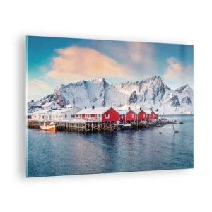 Schilderen op glas - Rode vissershuisjes aan het fjord met bergen op de achtergrond - 70x50cm - Noordelijke retraite - Moderne wanddecoratie voor woonkamer en slaapkamer ARTTOR