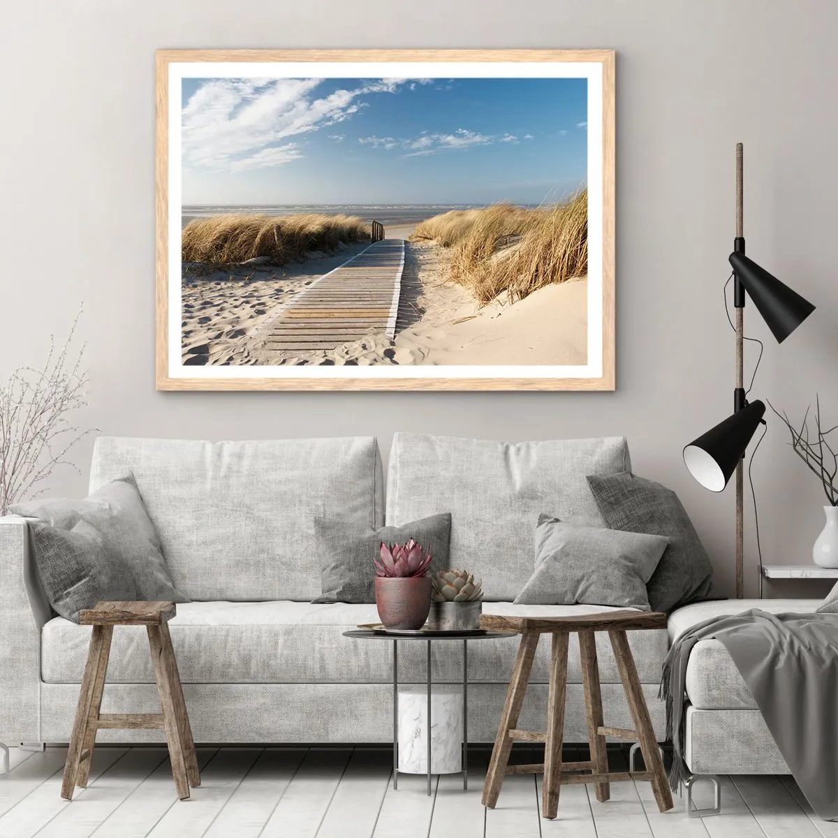 Een poster in een licht eiken lijst - Achter het duin, in het ruisen van gras - 50x40 cm