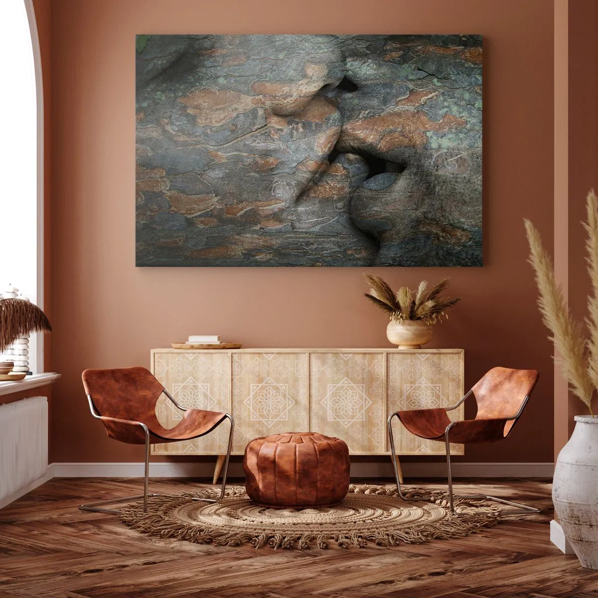 Schilderen op canvas - Een artistiek motief van een gezicht, uitgehouwen in de rots, met een natuurlijk textuureffect. - 70x50cm - Voor altijd samen - Moderne wanddecoratie voor woonkamer en slaapkamer ARTTOR