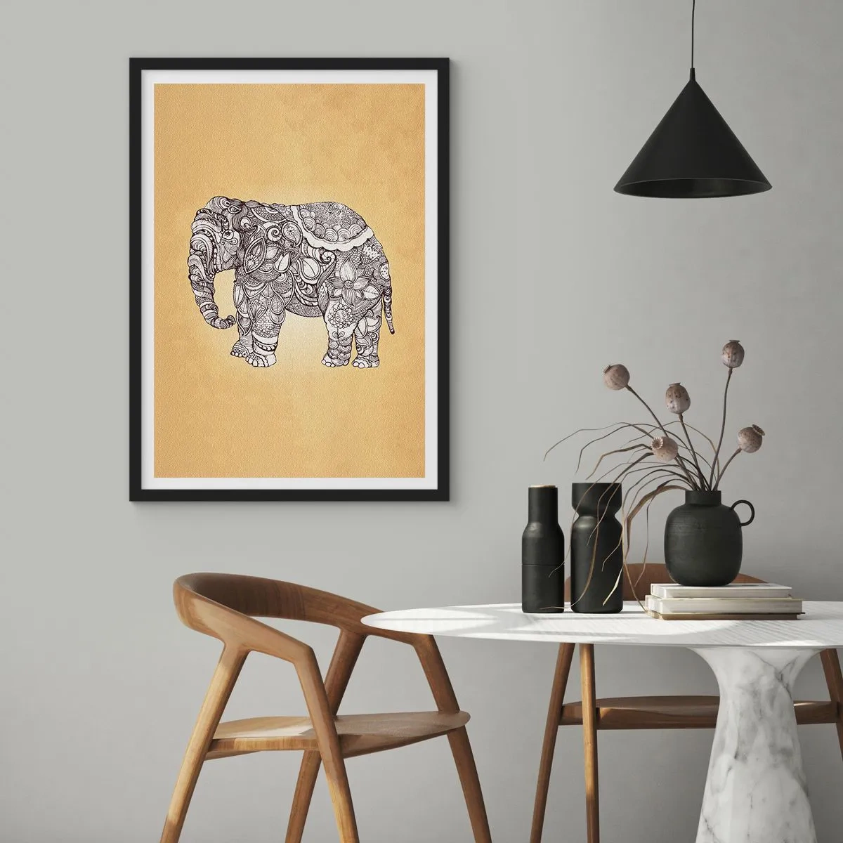 Poster in een zwarte lijst - De olifant heeft zichzelf bedekt - 30x40 cm