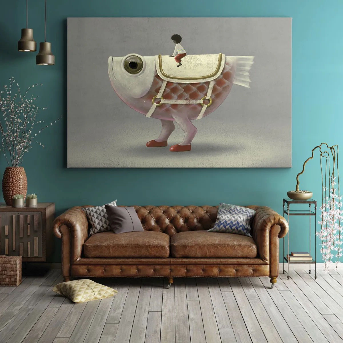 Schilderen op canvas - Een mooie visrijder met benen en een zadel - 70x50cm - Ruiter op een surrealistische vis - Moderne wanddecoratie voor woonkamer en slaapkamer ARTTOR