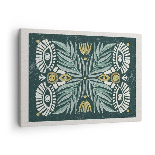 Schilderen op canvas - Symmetrisch plantenpatroon op een groene achtergrond - 70x50cm - Als een volksuitsnede - Moderne wanddecoratie voor woonkamer en slaapkamer ARTTOR