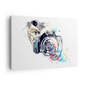 Schilderen op canvas - Aquarelcamera met kleurrijke details - 70x50cm - In het oog van de lens - Moderne wanddecoratie voor woonkamer en slaapkamer ARTTOR